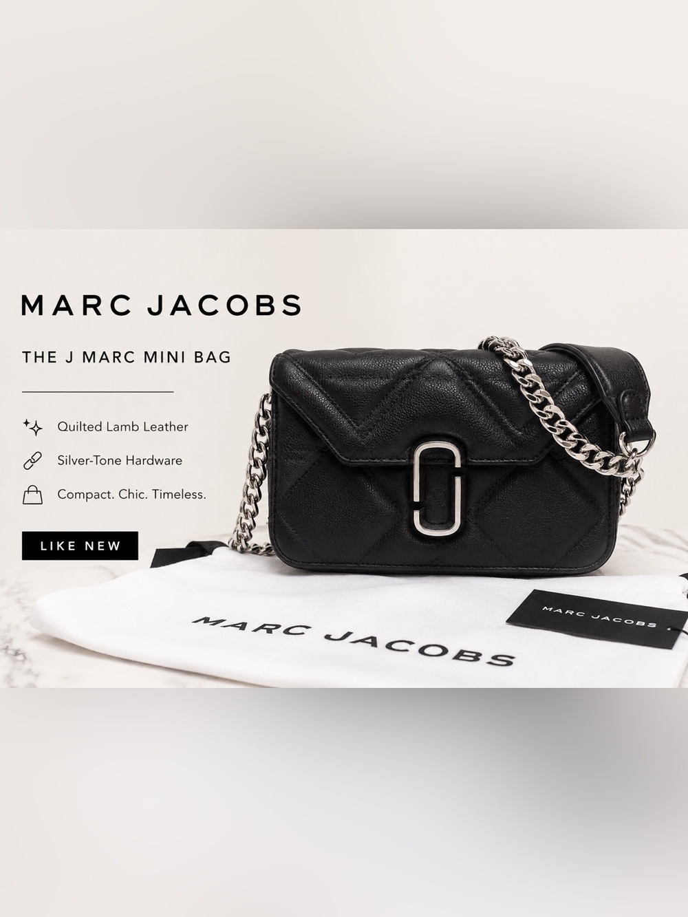 Marc Jacobs The J Marc Mini Quilted Leather Bag Black Silver NWT